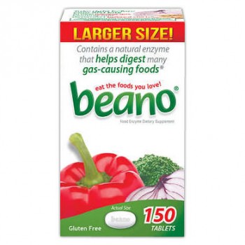 Beano Enzima Digestiva um frasco contendo 150 comprimidos, para impedir gases na digestão de grãos, legumes, cereais integrais e outros.