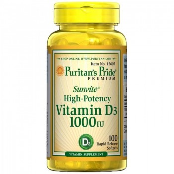 Vitamina D-3 1000 IU Puritan um frasco com 100 comprimidos para imunidade.