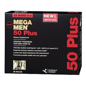 GNC Mega Men (Vitapak) 50+ um caixa com 30 pacotes para homens acima dos 50.