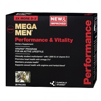 GNC Mega Men (Vitapak) uma caixa com 30 pacotes para desempenho masculino.