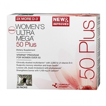 GNC Womens Ultra Mega (Vitapak) 50+  uma caixa com 30 pacotes para mulheres acima dos 50.