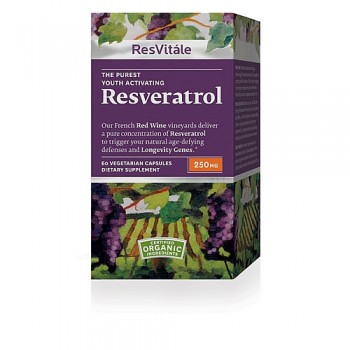 ResVitále Resveratrol 250mg um frasco com 60 cápsulas para ajudar a proteger contra os múltiplos fatores do envelhecimento.
