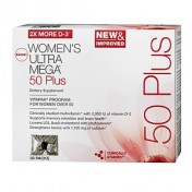 GNC Womens Ultra Mega (Vitapak) 50+  uma caixa com 30 pacotes para mulheres acima dos 50.